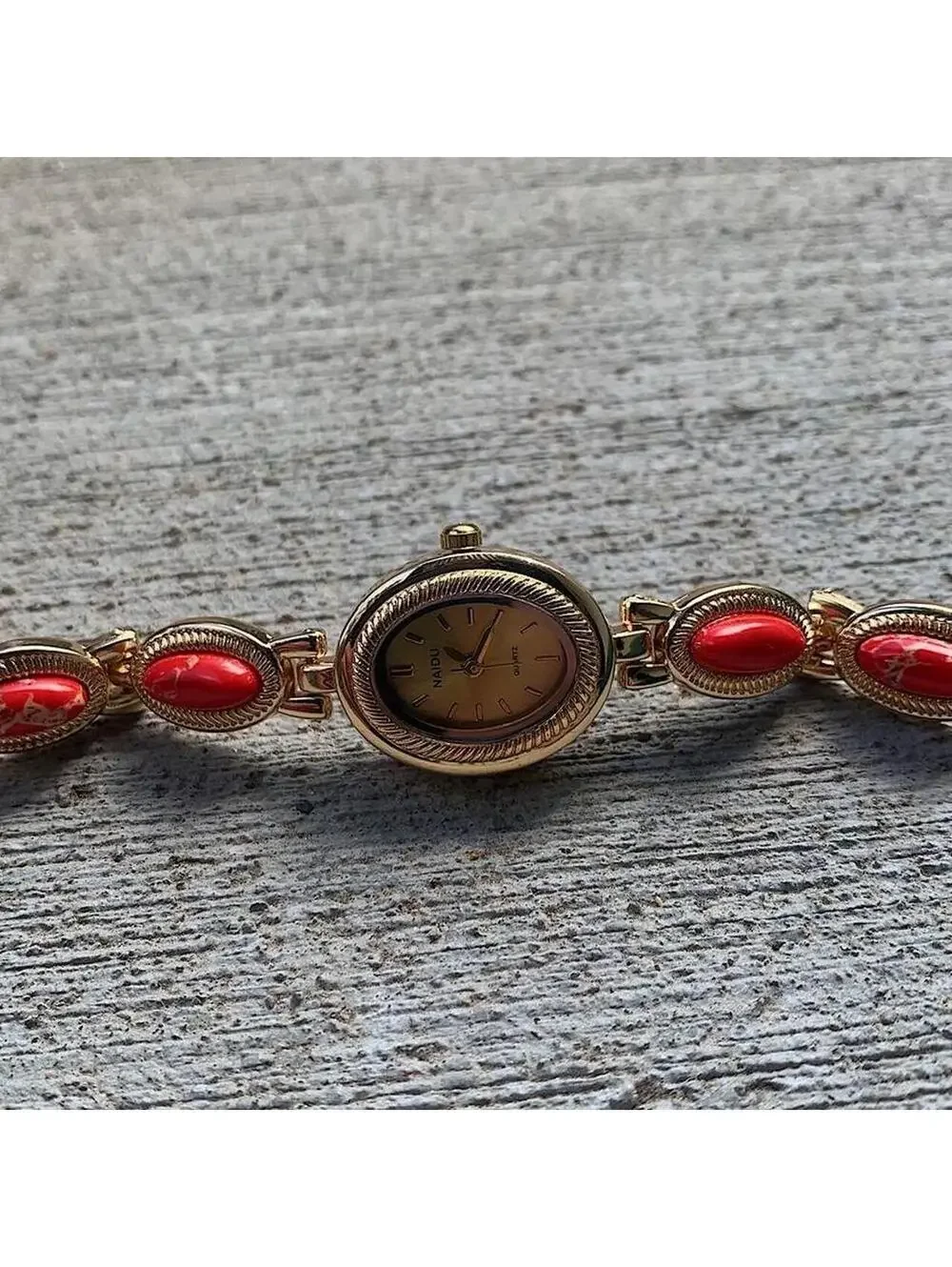 Y2k style Dainty cute Gold style tone quartz watch with red green jade stone